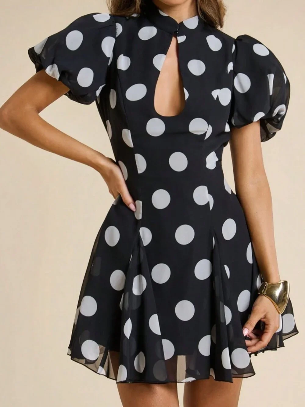 Black and White Casual Women's Polka Dot Qipao Puff Sleeve Mini Dress